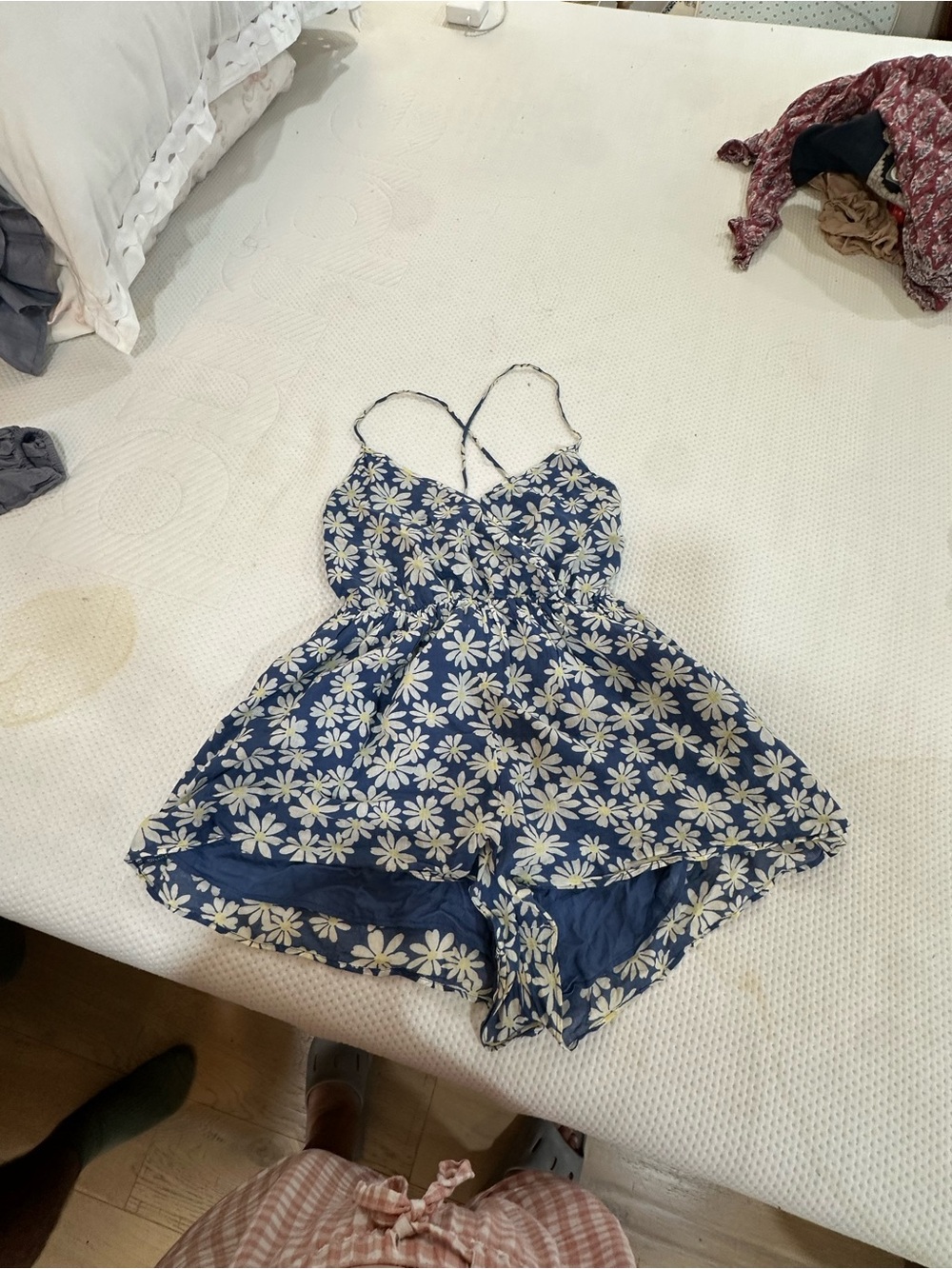 Blue Daisy Print Romper - Strappy Summer Bottoms